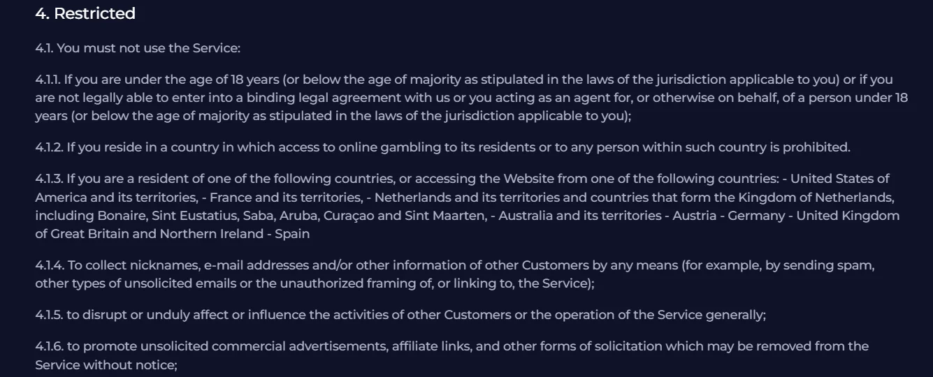 Rainbet Terms showing Australia and its territories in the restricted-country list